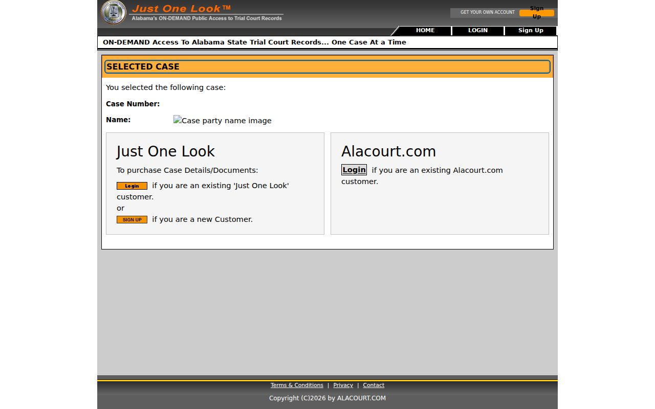 Macon County warrant records Just One Look access screen