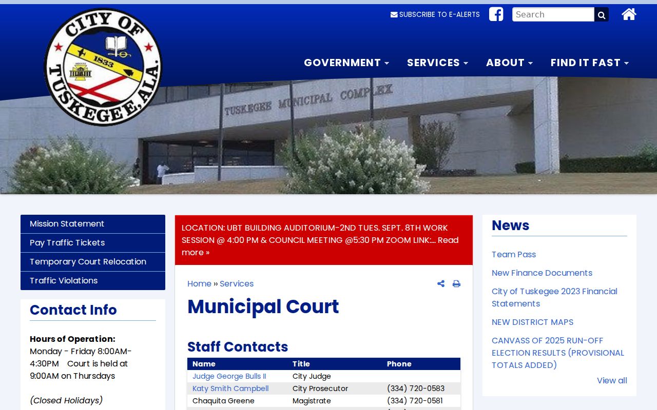 Tuskegee warrant records route on the municipal court page