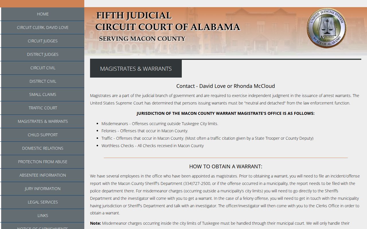 Macon County warrant records magistrate jurisdiction and in-person instruction
